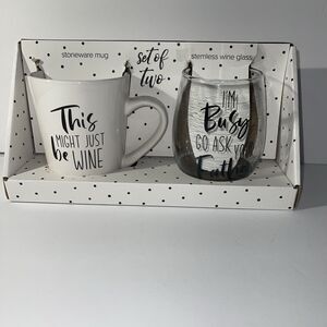 Stemless Wine Glass & Ceramic Coffee Mug Gift Set -RISE & GRIND, RELAX & UNWIND